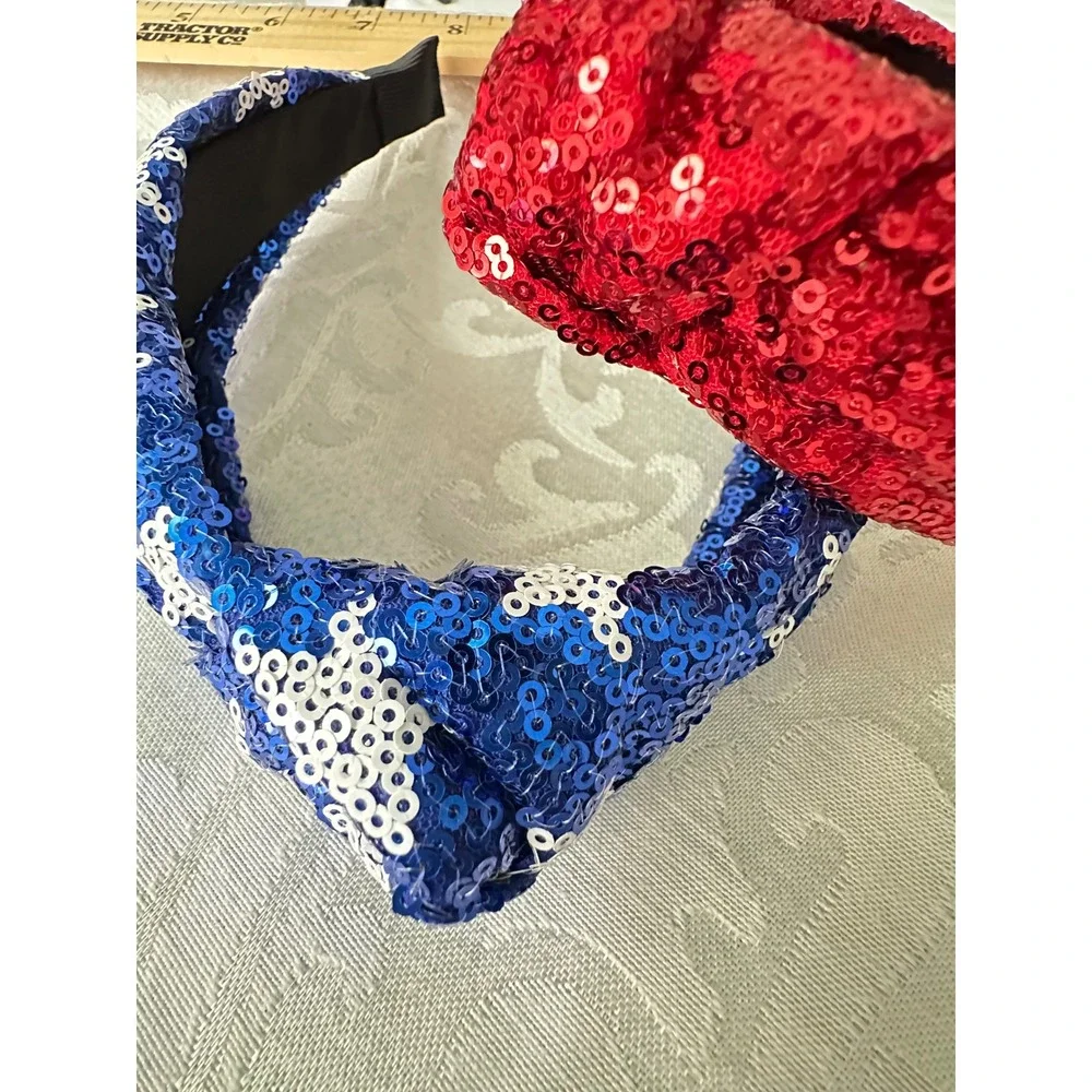 Kids Sequin Knot Headbands Red Blue Star Patriotic‎ Headwear Set